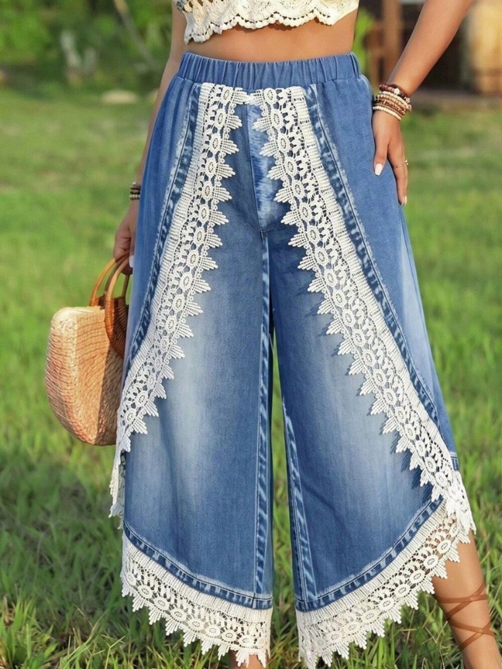 Blue Boho Women's Plus Size Casual Floral Trim Palazzo Pants - Picture 6 of 6